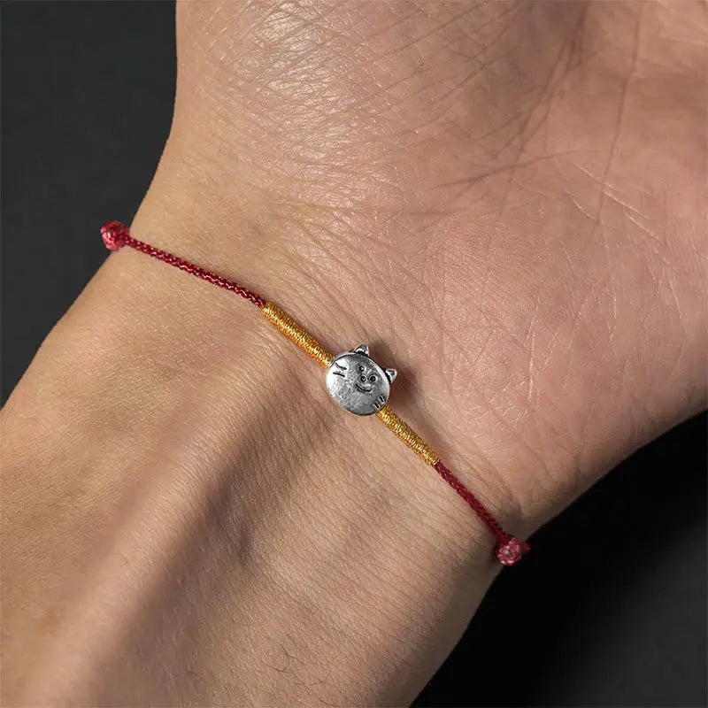 Fortune Jewel 925 Sterling Silver Cute Cat Red String Braided Bracelet Fortune Jewel
