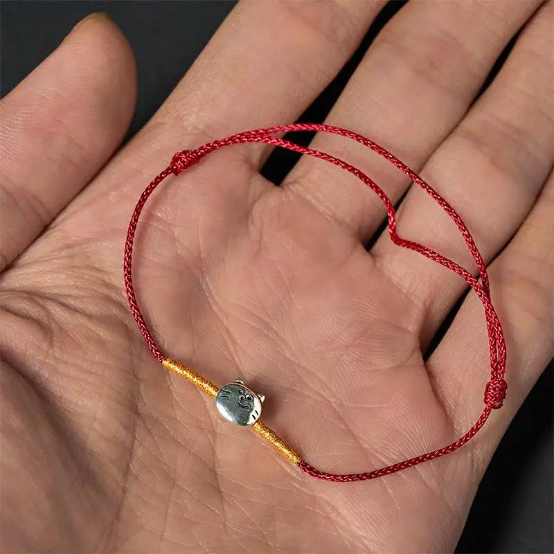 Fortune Jewel 925 Sterling Silver Cute Cat Red String Braided Bracelet Fortune Jewel