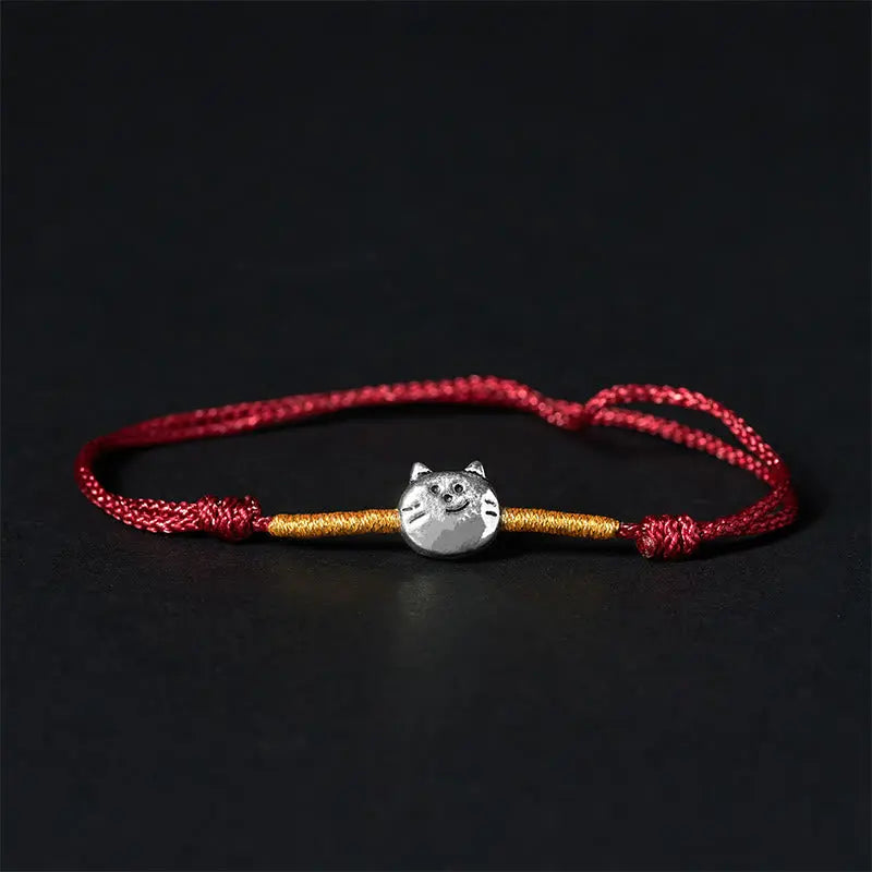 Fortune Jewel 925 Sterling Silver Cute Cat Red String Braided Bracelet Fortune Jewel