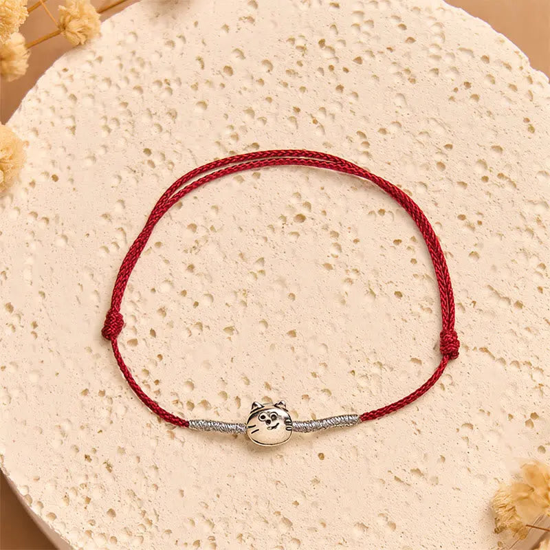 Fortune Jewel 925 Sterling Silver Cute Cat Red String Braided Bracelet Fortune Jewel