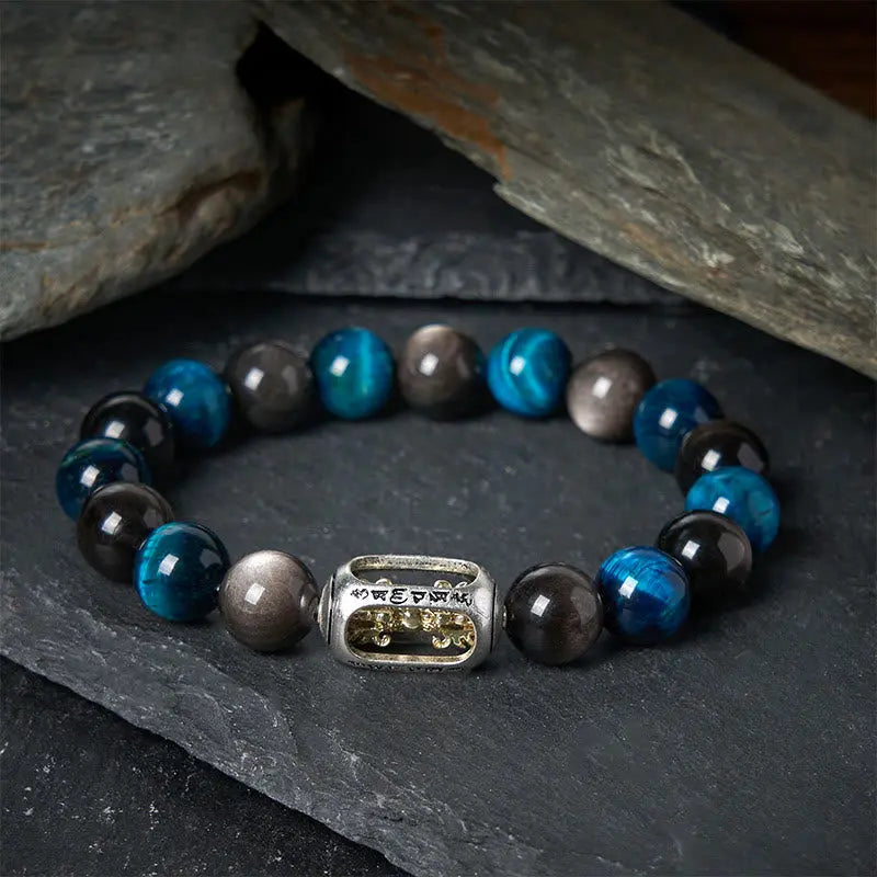 Fortune Jewel Natural Silver Sheen Obsidian Blue Tiger Eye Om Mani Padme Hum Soothing Bracelet Fortune Jewel