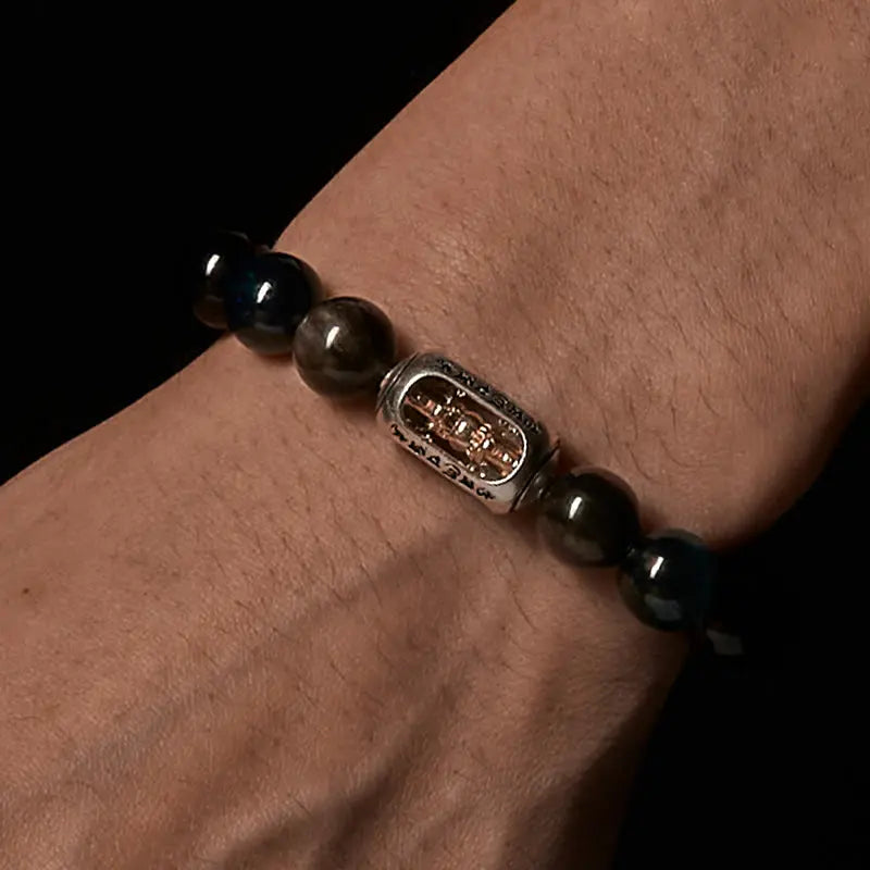 Fortune Jewel Natural Silver Sheen Obsidian Blue Tiger Eye Om Mani Padme Hum Soothing Bracelet Fortune Jewel