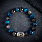 Fortune Jewel Natural Silver Sheen Obsidian Blue Tiger Eye Om Mani Padme Hum Soothing Bracelet Fortune Jewel