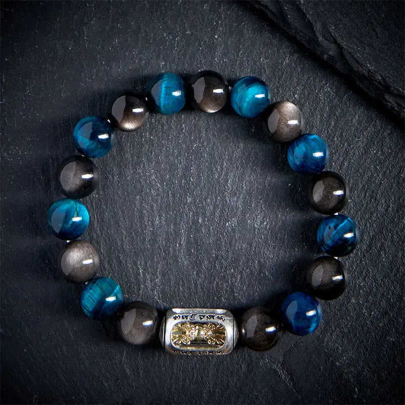 Fortune Jewel Natural Silver Sheen Obsidian Blue Tiger Eye Om Mani Padme Hum Soothing Bracelet Fortune Jewel