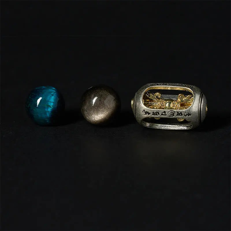 Fortune Jewel Natural Silver Sheen Obsidian Blue Tiger Eye Om Mani Padme Hum Soothing Bracelet Fortune Jewel