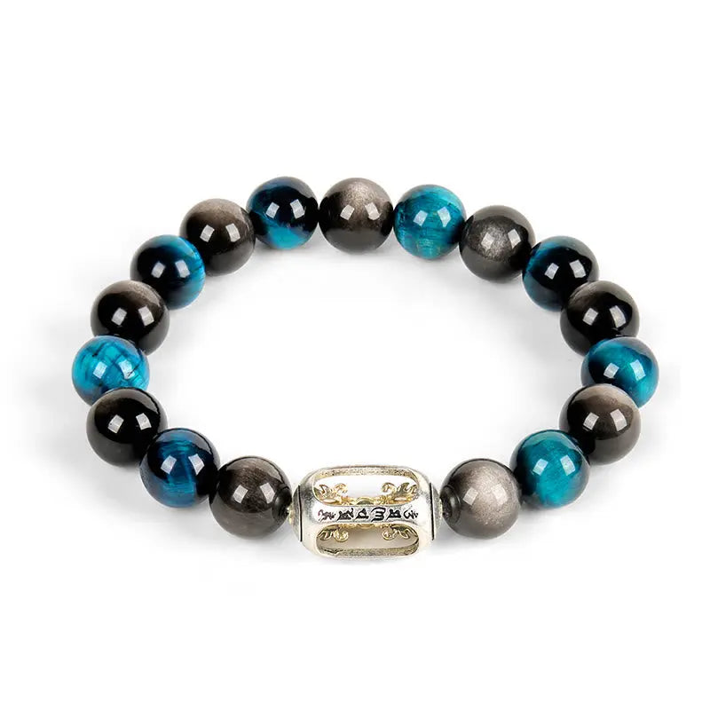 Fortune Jewel Natural Silver Sheen Obsidian Blue Tiger Eye Om Mani Padme Hum Soothing Bracelet Fortune Jewel