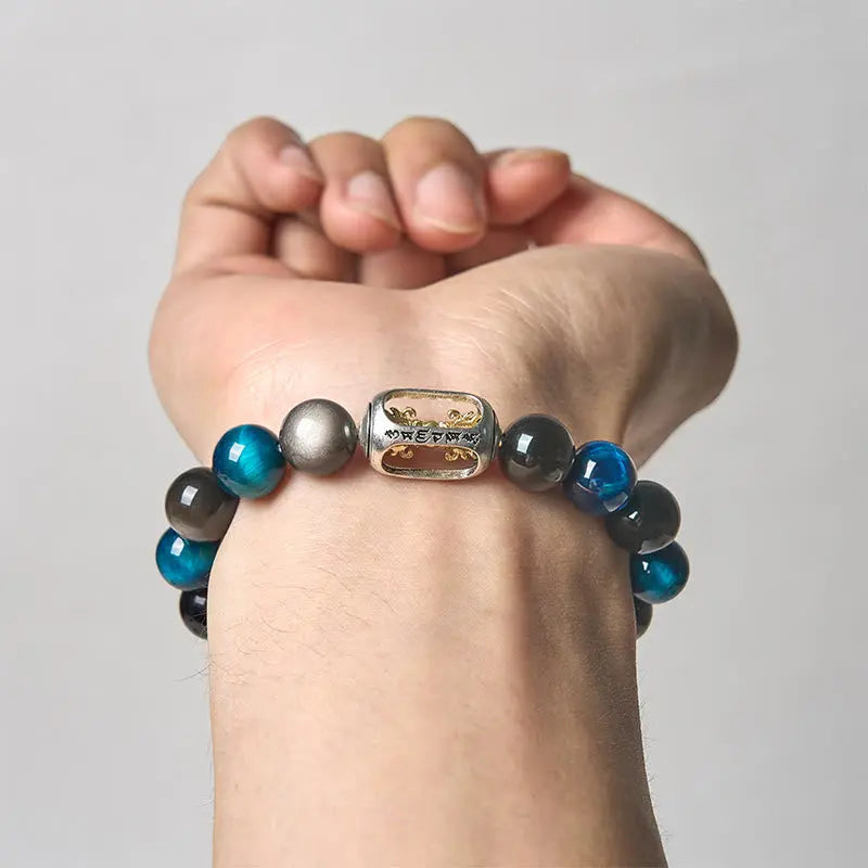 Fortune Jewel Natural Silver Sheen Obsidian Blue Tiger Eye Om Mani Padme Hum Soothing Bracelet Fortune Jewel
