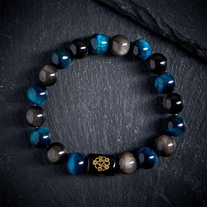 Fortune Jewel Silver Sheen Obsidian Blue Tiger Eye Black Onyx Five Elements Protection Bracelet Fortune Jewel