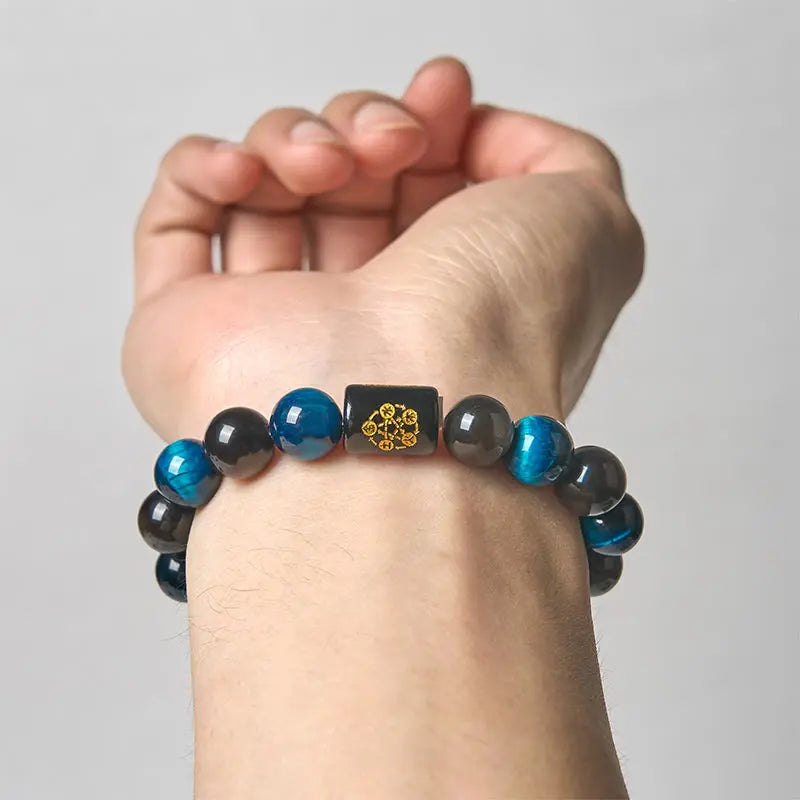 Fortune Jewel Silver Sheen Obsidian Blue Tiger Eye Black Onyx Five Elements Protection Bracelet Fortune Jewel