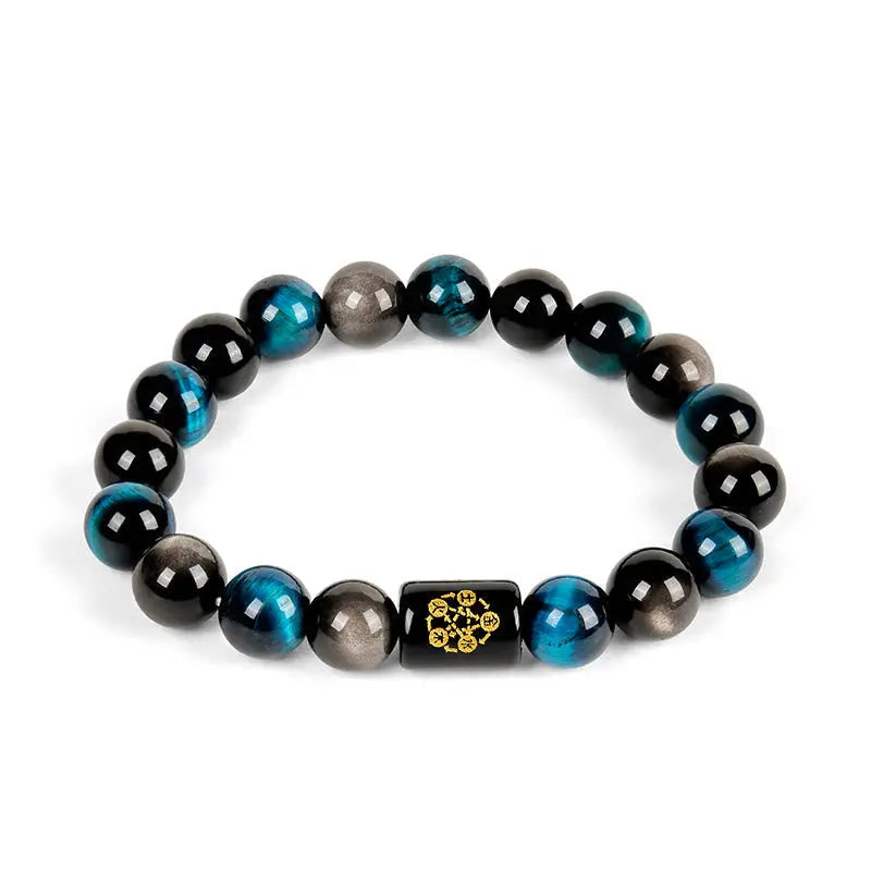 Fortune Jewel Silver Sheen Obsidian Blue Tiger Eye Black Onyx Five Elements Protection Bracelet Fortune Jewel