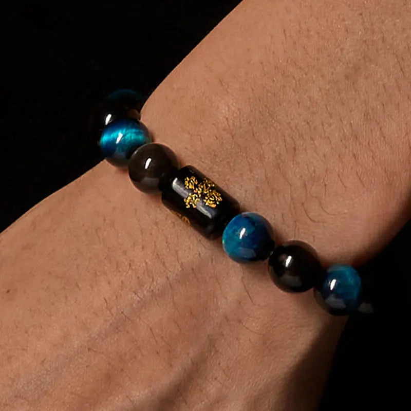 Fortune Jewel Silver Sheen Obsidian Blue Tiger Eye Black Onyx Five Elements Protection Bracelet Fortune Jewel