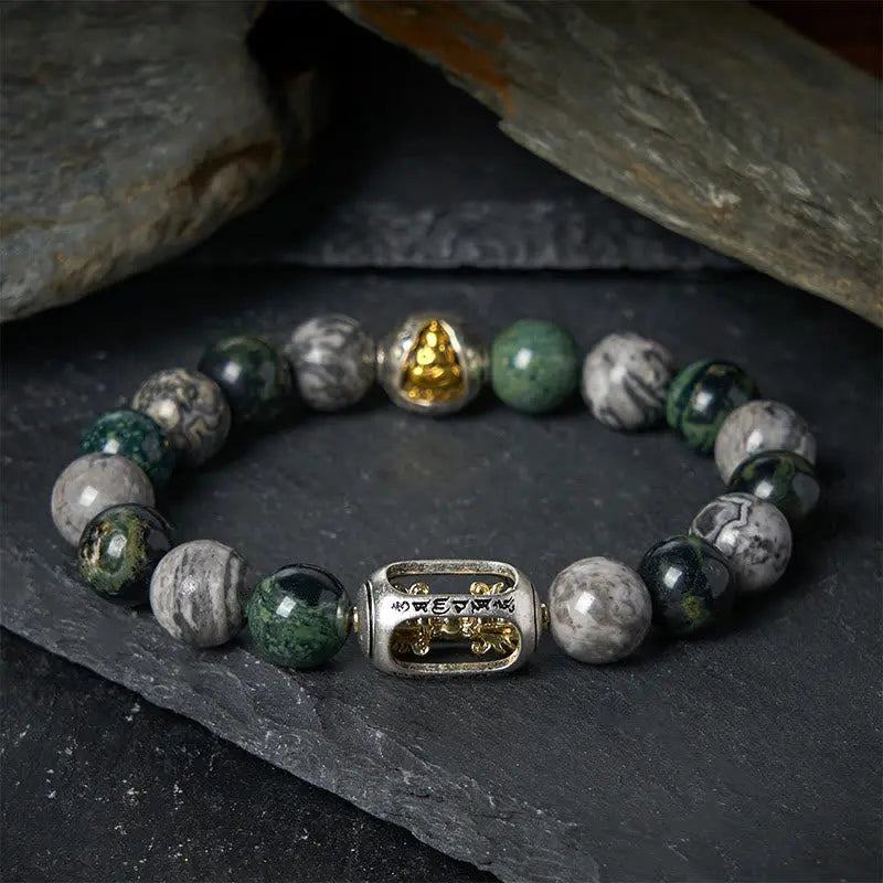 Fortune Jewel Natural Grey Jasper Kambamba Jasper Om Mani Padme Hum Formless Buddha Healing Bracelet Fortune Jewel