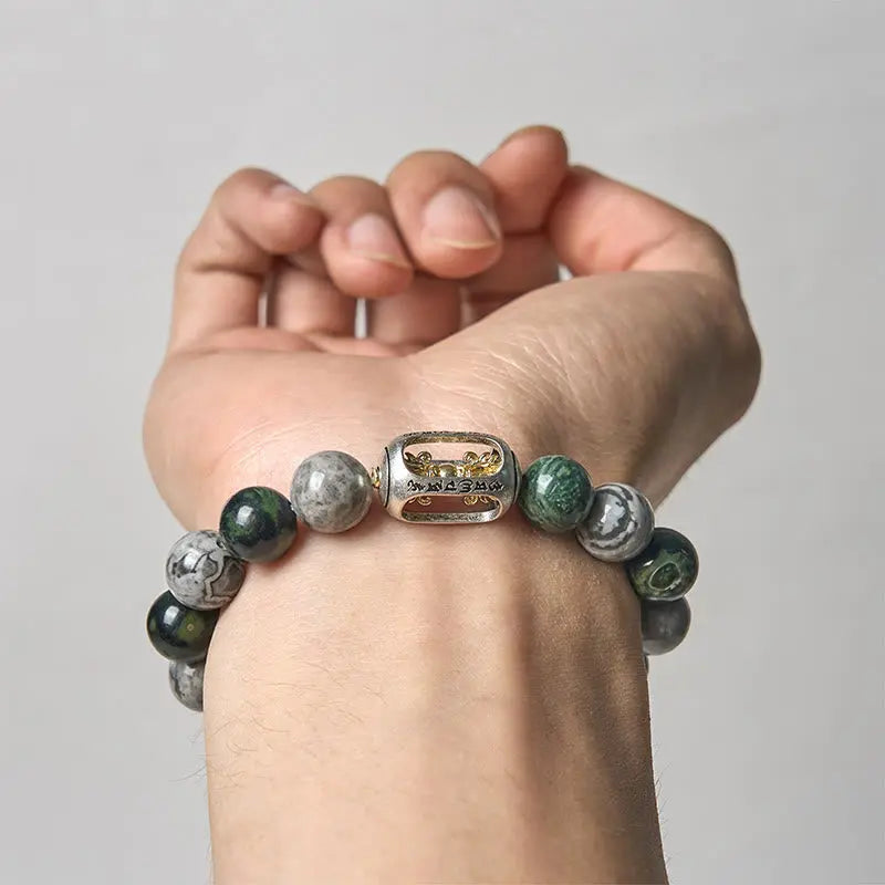 Fortune Jewel Natural Grey Jasper Kambamba Jasper Om Mani Padme Hum Formless Buddha Healing Bracelet Fortune Jewel