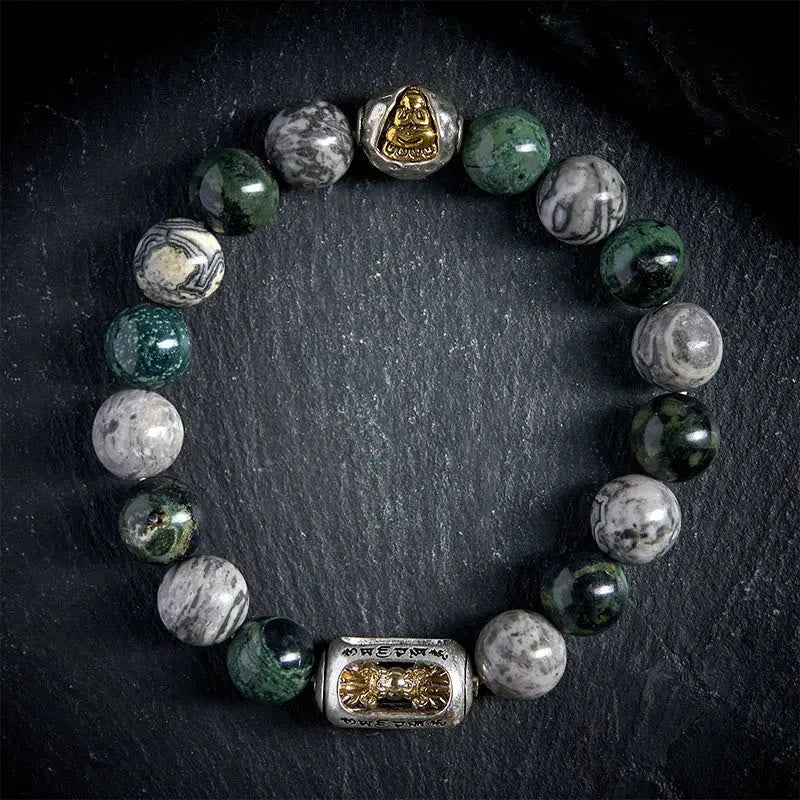 Fortune Jewel Natural Grey Jasper Kambamba Jasper Om Mani Padme Hum Formless Buddha Healing Bracelet Fortune Jewel