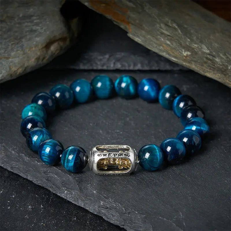 Fortune Jewel Natural Blue Tiger Eye Om Mani Padme Hum Strength Bracelet Fortune Jewel