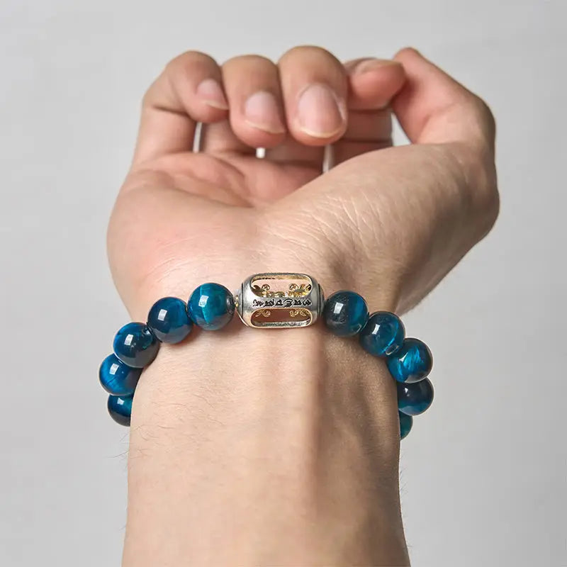 Fortune Jewel Natural Blue Tiger Eye Om Mani Padme Hum Strength Bracelet Fortune Jewel