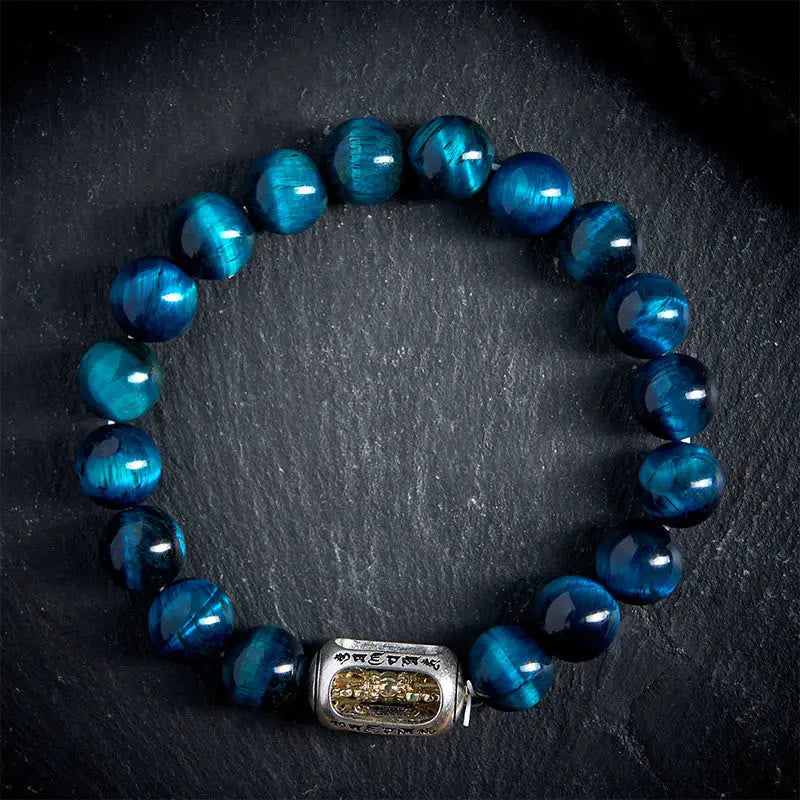 Fortune Jewel Natural Blue Tiger Eye Om Mani Padme Hum Strength Bracelet Fortune Jewel