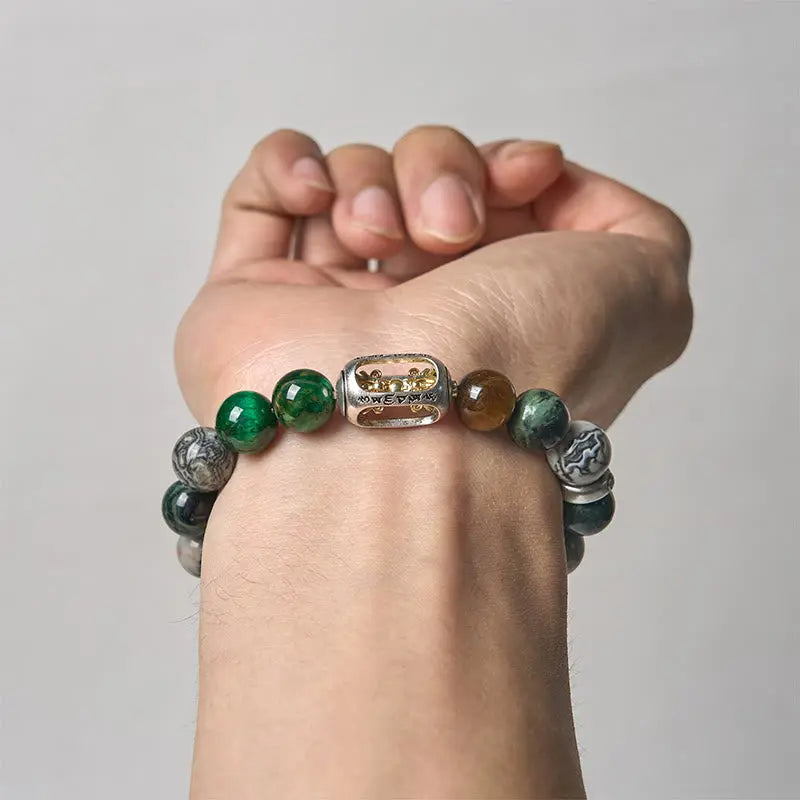 Fortune Jewel Natural Grey Jasper Kambamba Jasper Tiger Eye Om Mani Padme Hum Protection Bracelet Fortune Jewel