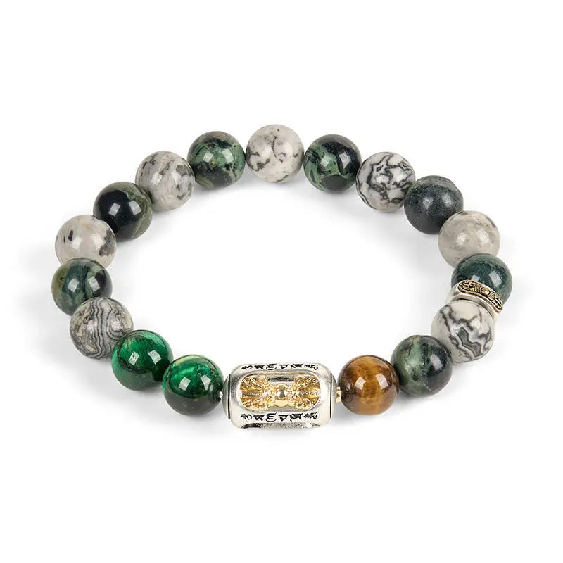 Fortune Jewel Natural Grey Jasper Kambamba Jasper Tiger Eye Om Mani Padme Hum Protection Bracelet Fortune Jewel