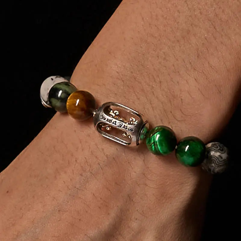 Fortune Jewel Natural Grey Jasper Kambamba Jasper Tiger Eye Om Mani Padme Hum Protection Bracelet Fortune Jewel