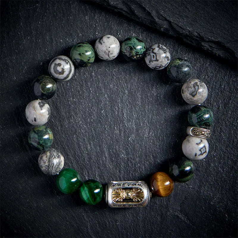 Fortune Jewel Natural Grey Jasper Kambamba Jasper Tiger Eye Om Mani Padme Hum Protection Bracelet Fortune Jewel