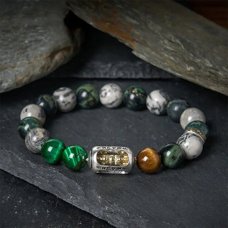 Fortune Jewel Natural Grey Jasper Kambamba Jasper Tiger Eye Om Mani Padme Hum Protection Bracelet Fortune Jewel