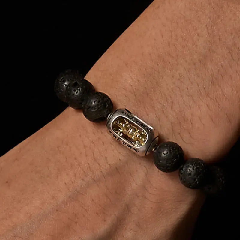 Fortune Jewel Natural Lava Rock Om Mani Padme Hum Dorje Vajra Healing Bracelet Fortune Jewel