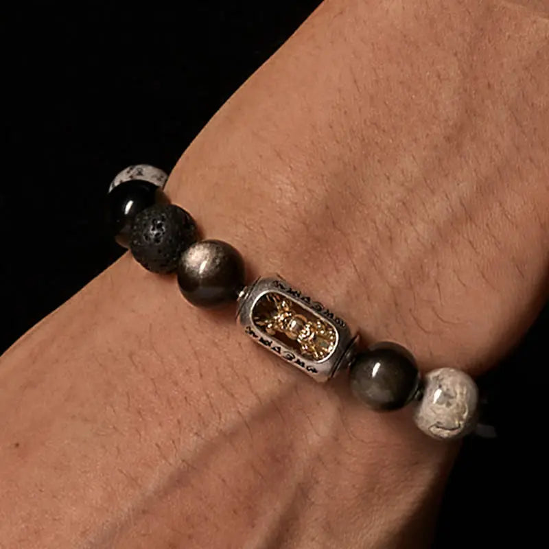Fortune Jewel Silver Sheen Obsidian Lava Rock Grey Jasper Om Mani Padme Hum Vajra Soothing Bracelet Fortune Jewel