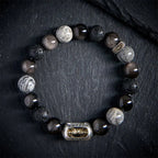Fortune Jewel Silver Sheen Obsidian Lava Rock Grey Jasper Om Mani Padme Hum Vajra Soothing Bracelet Fortune Jewel