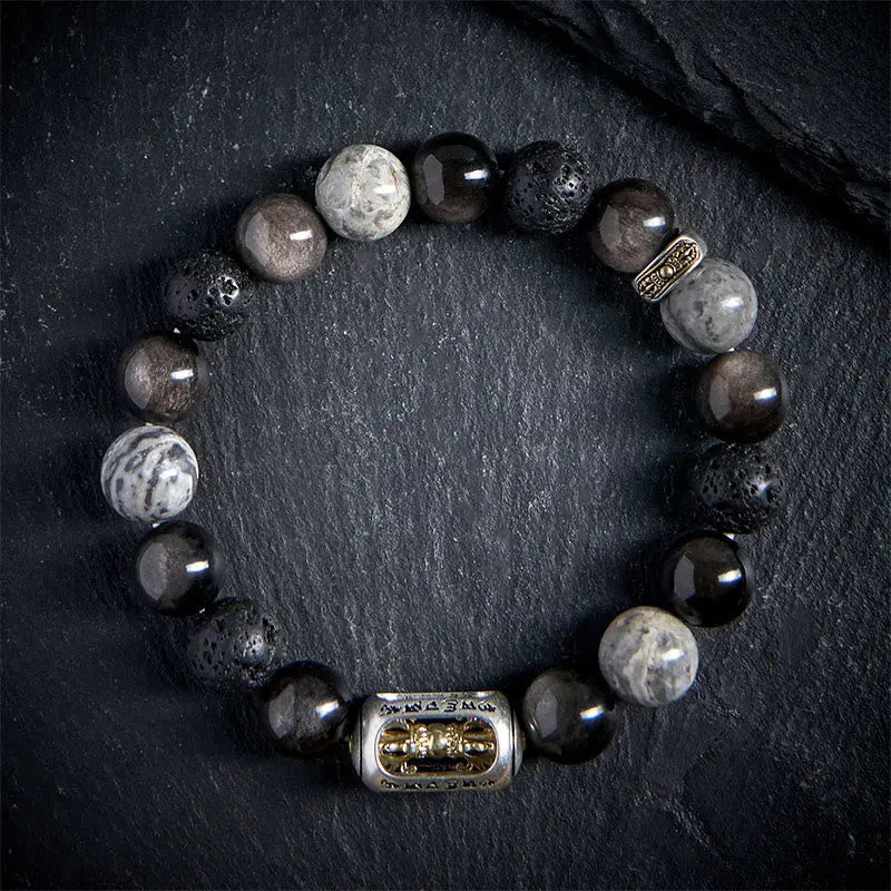 Fortune Jewel Silver Sheen Obsidian Lava Rock Grey Jasper Om Mani Padme Hum Vajra Soothing Bracelet Fortune Jewel