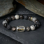 Fortune Jewel Silver Sheen Obsidian Lava Rock Grey Jasper Om Mani Padme Hum Vajra Soothing Bracelet Fortune Jewel