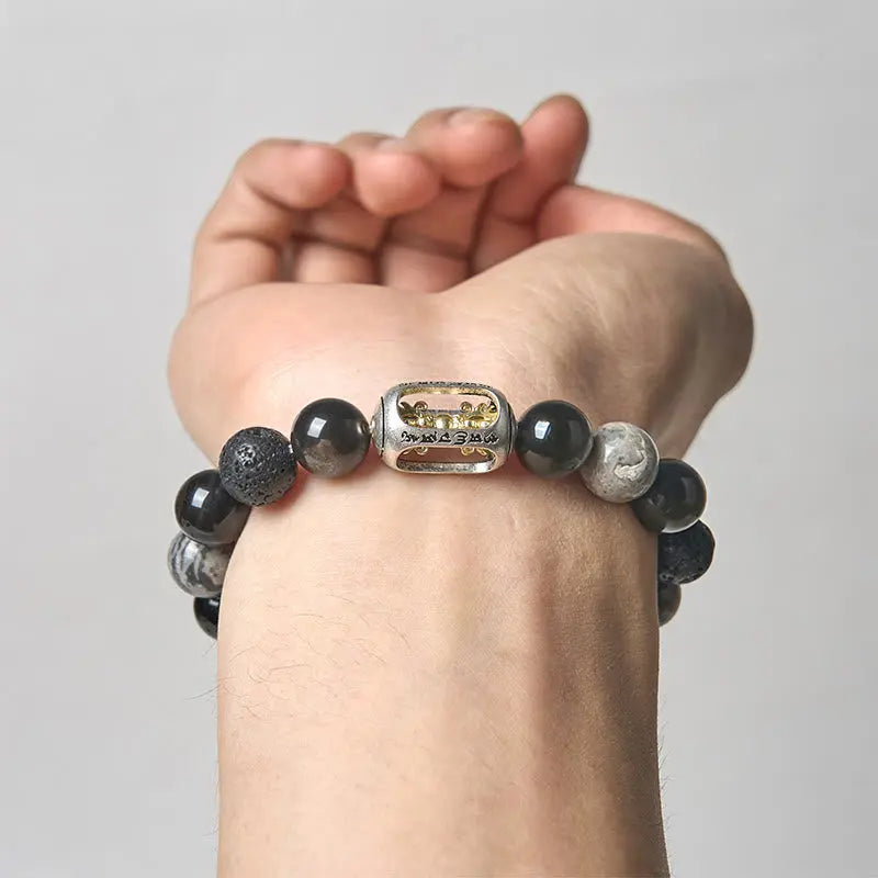 Fortune Jewel Silver Sheen Obsidian Lava Rock Grey Jasper Om Mani Padme Hum Vajra Soothing Bracelet Fortune Jewel