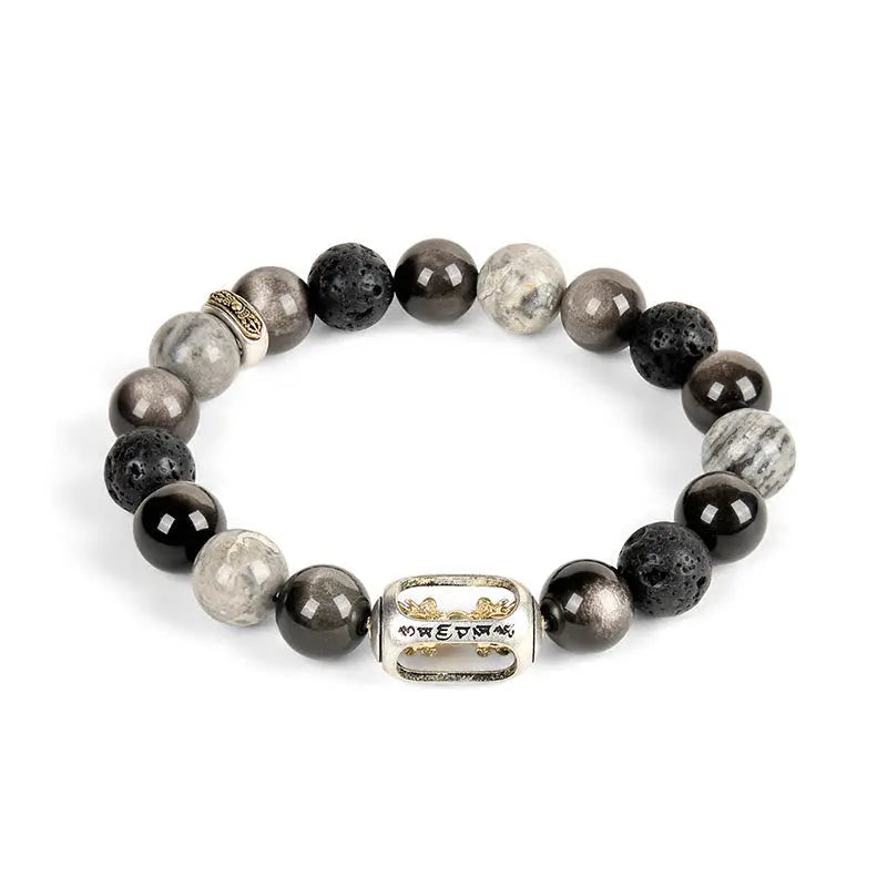 Fortune Jewel Silver Sheen Obsidian Lava Rock Grey Jasper Om Mani Padme Hum Vajra Soothing Bracelet Fortune Jewel