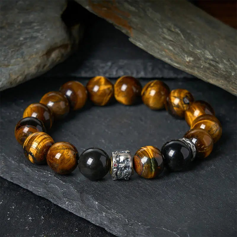 Fortune Jewel Tiger Eye Silver Sheen Obsidian Meditation Buddha Head Protection Bracelet Fortune Jewel