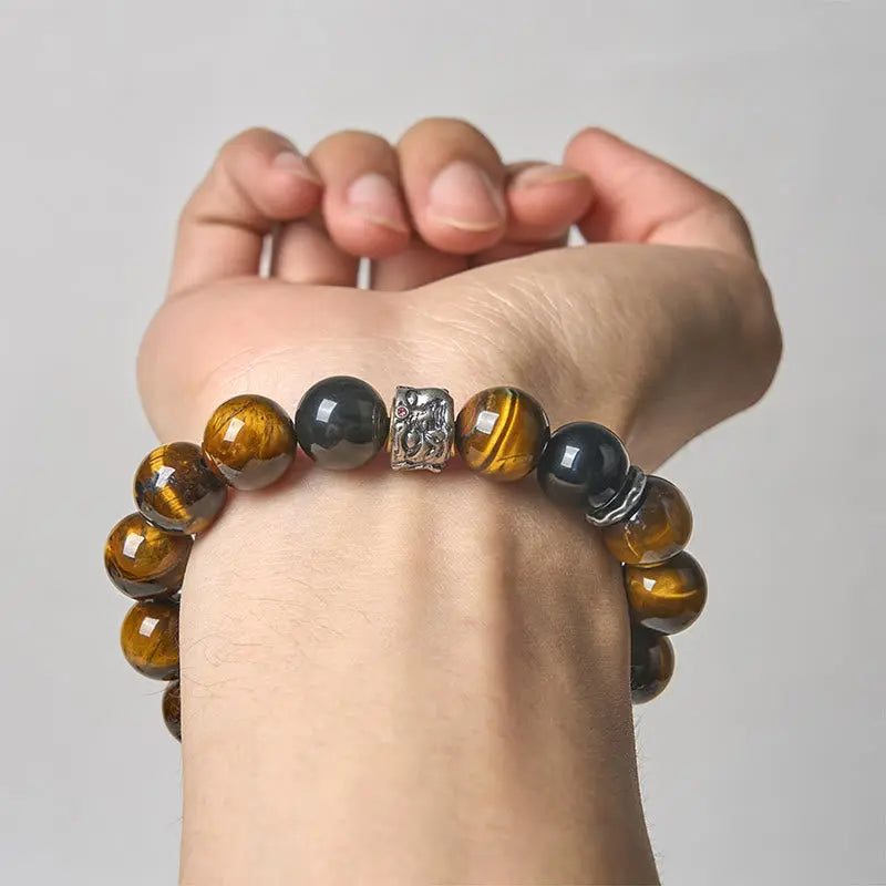 Fortune Jewel Tiger Eye Silver Sheen Obsidian Meditation Buddha Head Protection Bracelet Fortune Jewel