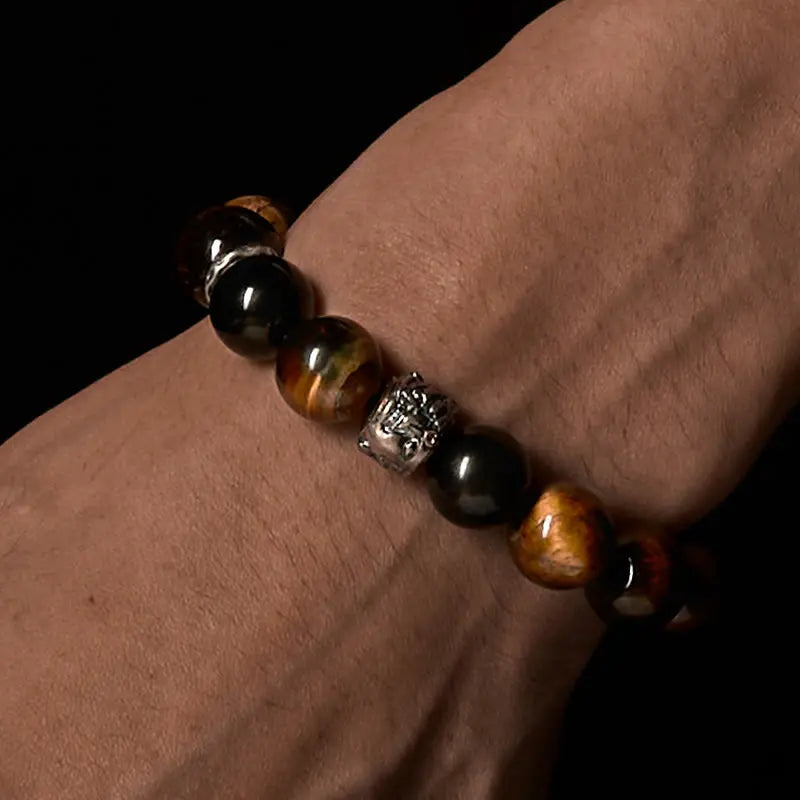 Fortune Jewel Tiger Eye Silver Sheen Obsidian Meditation Buddha Head Protection Bracelet Fortune Jewel