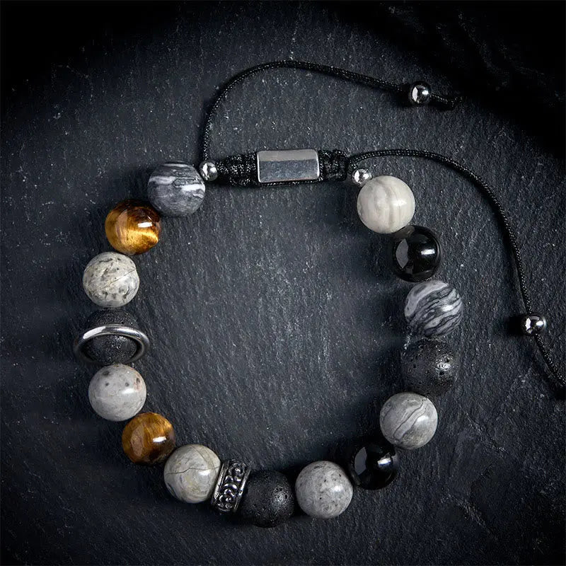 Fortune Jewel Grey Jasper Lava Rock Silver Sheen Obsidian Tiger Eye Healing Bracelet Fortune Jewel
