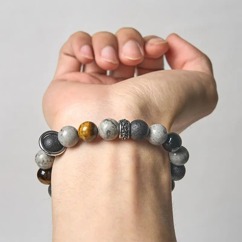 Fortune Jewel Grey Jasper Lava Rock Silver Sheen Obsidian Tiger Eye Healing Bracelet Fortune Jewel