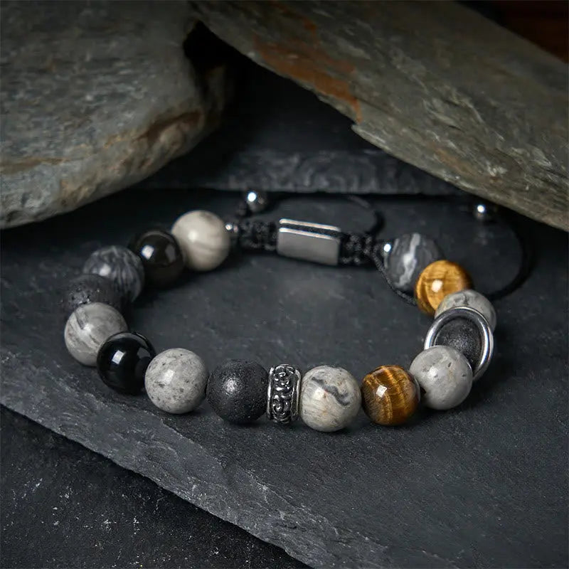 Fortune Jewel Grey Jasper Lava Rock Silver Sheen Obsidian Tiger Eye Healing Bracelet Fortune Jewel