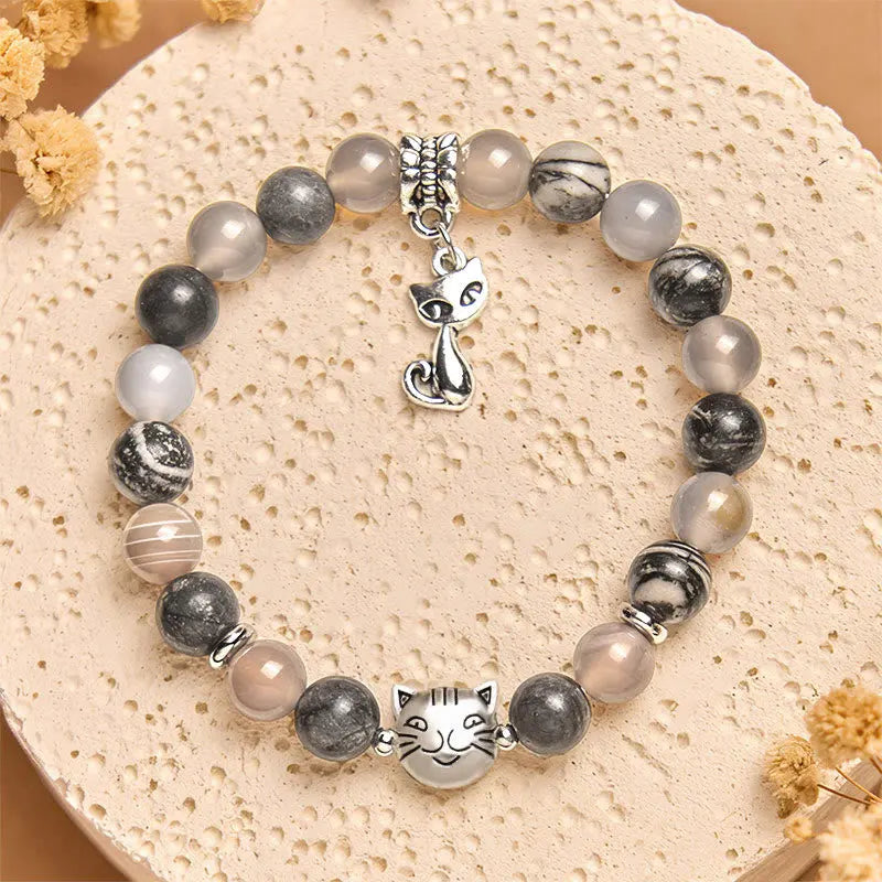Fortune Jewel Birman Cat Natural Grey Jasper Agate Bead Healing Bracelet Fortune Jewel
