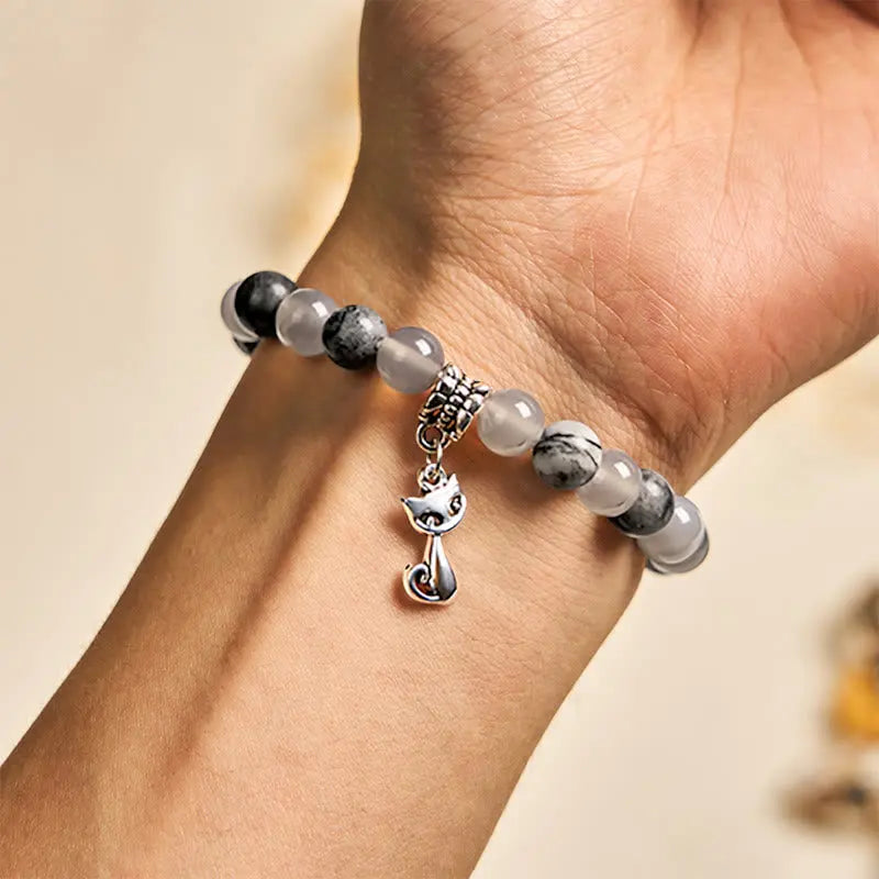 Fortune Jewel Birman Cat Natural Grey Jasper Agate Bead Healing Bracelet Fortune Jewel