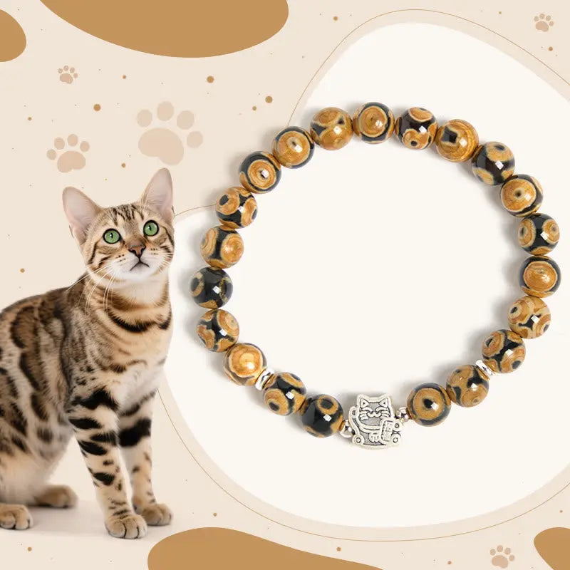 Fortune Jewel 925 Sterling Silver Brown Tabby Cat Stone Bead Blessings Bracelet Fortune Jewel
