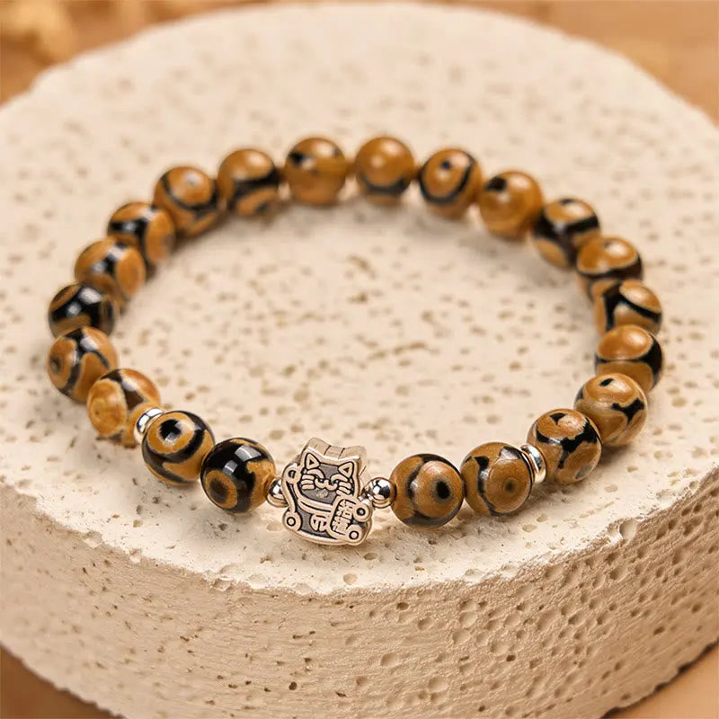 Fortune Jewel 925 Sterling Silver Brown Tabby Cat Stone Bead Blessings Bracelet Fortune Jewel