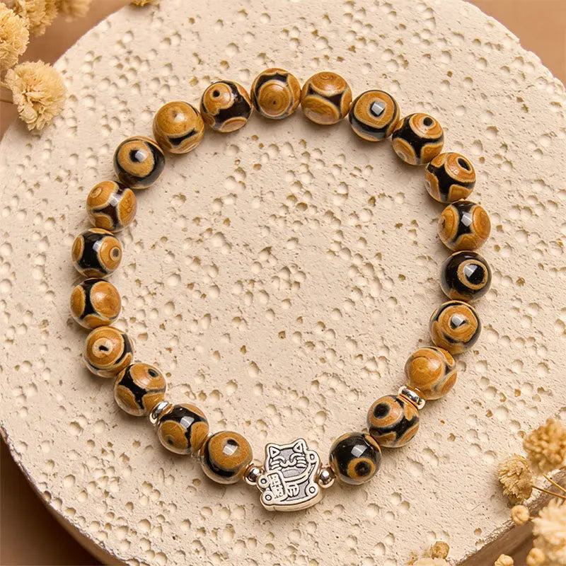 Fortune Jewel 925 Sterling Silver Brown Tabby Cat Stone Bead Blessings Bracelet Fortune Jewel