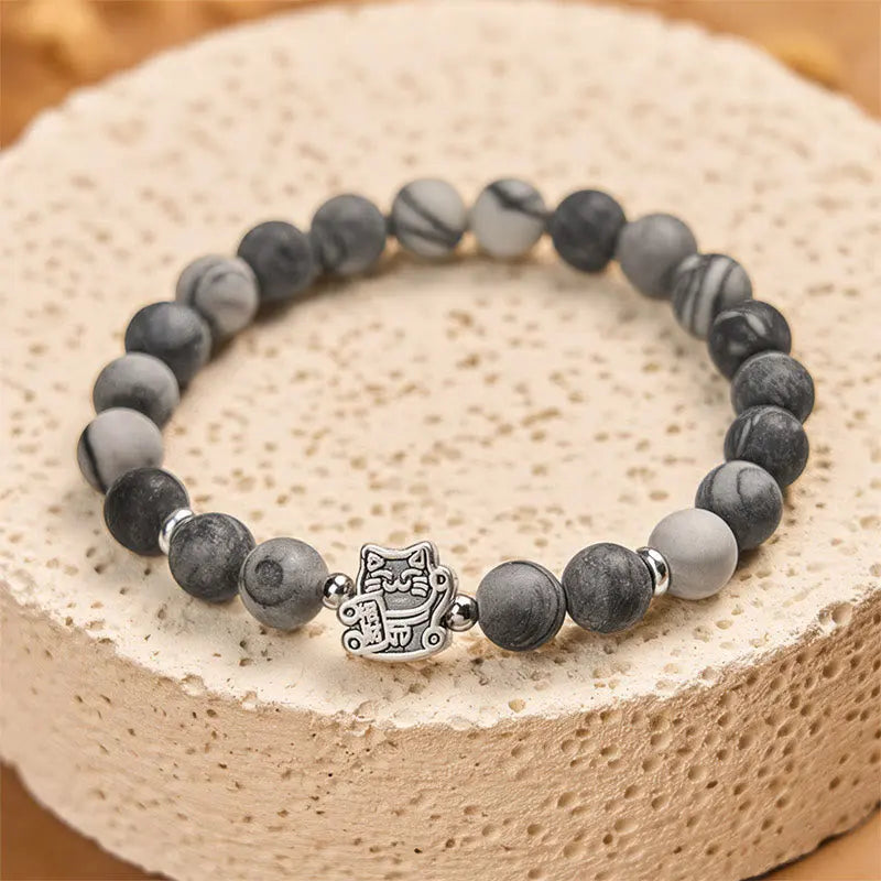 Fortune Jewel 925 Sterling Silver Grey Tabby Cat Natural Black Veined Jasper Stability Bracelet Fortune Jewel