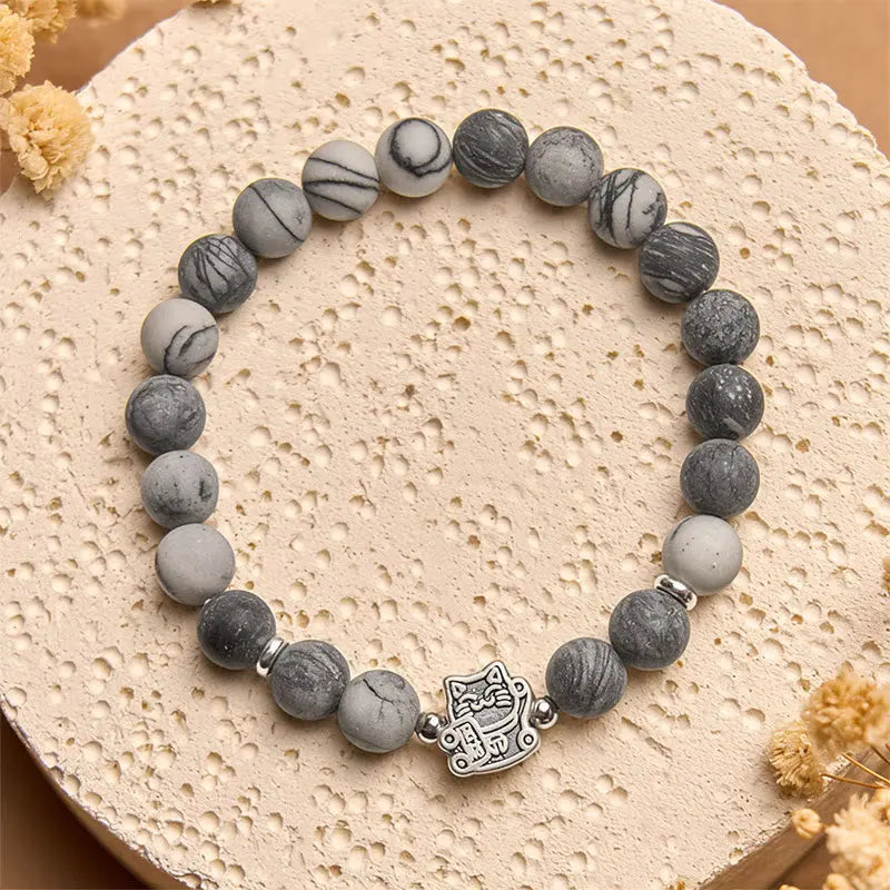 Fortune Jewel 925 Sterling Silver Grey Tabby Cat Natural Black Veined Jasper Stability Bracelet Fortune Jewel