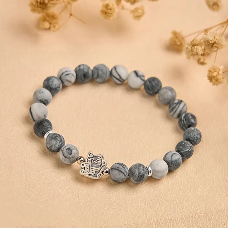 Fortune Jewel 925 Sterling Silver Grey Tabby Cat Natural Black Veined Jasper Stability Bracelet Fortune Jewel