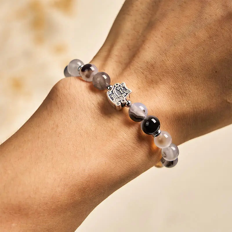 Fortune Jewel 925 Sterling Silver Calico Cat Natural Agate Stone Protection Bracelet Fortune Jewel