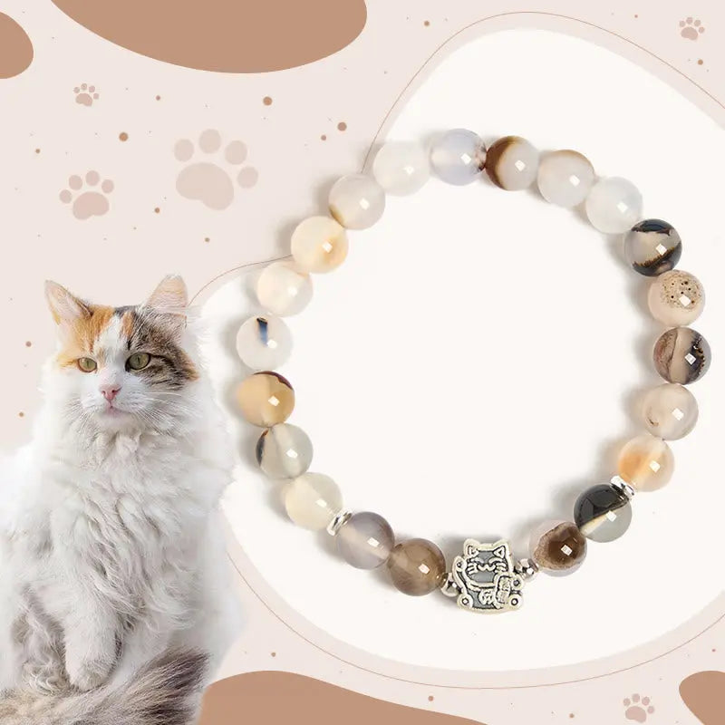 Fortune Jewel 925 Sterling Silver Calico Cat Natural Agate Stone Protection Bracelet Fortune Jewel