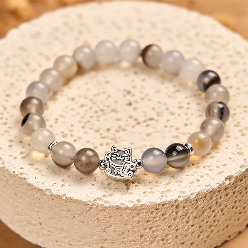 Fortune Jewel 925 Sterling Silver Calico Cat Natural Agate Stone Protection Bracelet Fortune Jewel